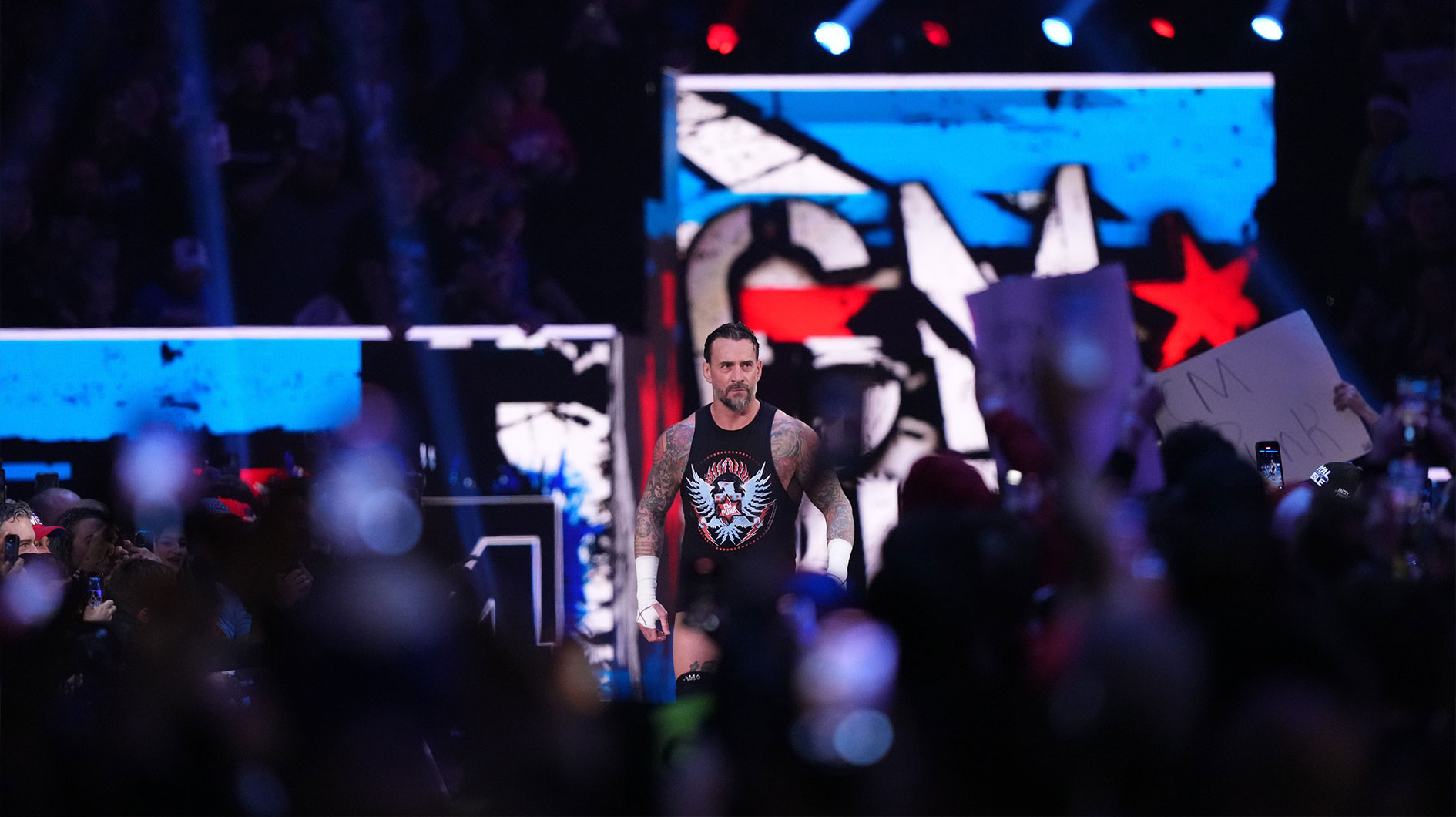 CM Punk during the Men’s Royal Rumble match during the WWE Royal Rumble at Lucas Oil Stadium.