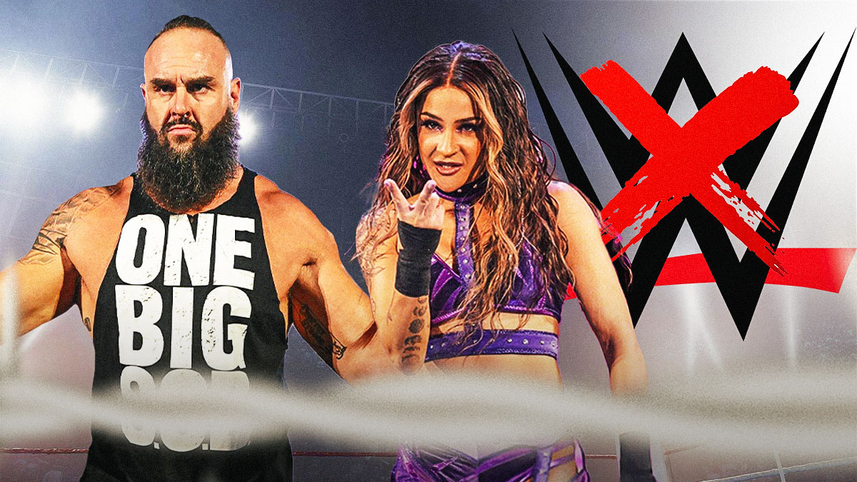 Braun Strowman and Dakota Kai with a crossed-out WWE logo in the background.
