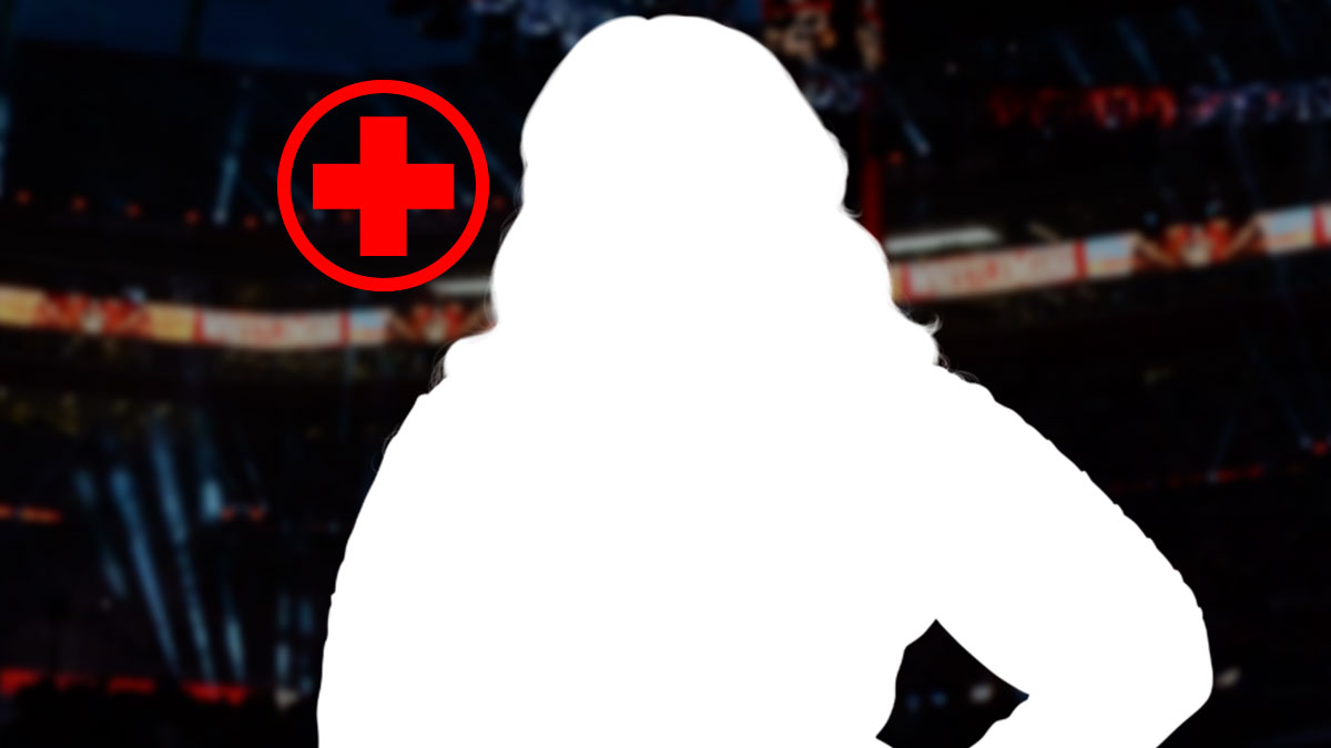 Silhouette of Nia Jax after the WWE Superstar was busted open and bloody with a head injury during her match against Tiffany Stratton, with medical plus symbol.