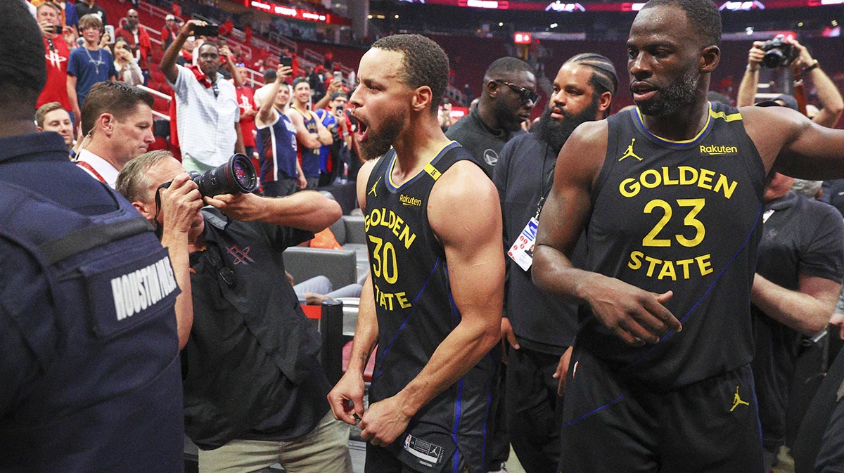 Warriors guard Stephen Curry (30) and forward Draymond Green (23) walk off the court after game seven of the first round for the 2025 NBA Playoffs against the Houston Rockets at Toyota Center