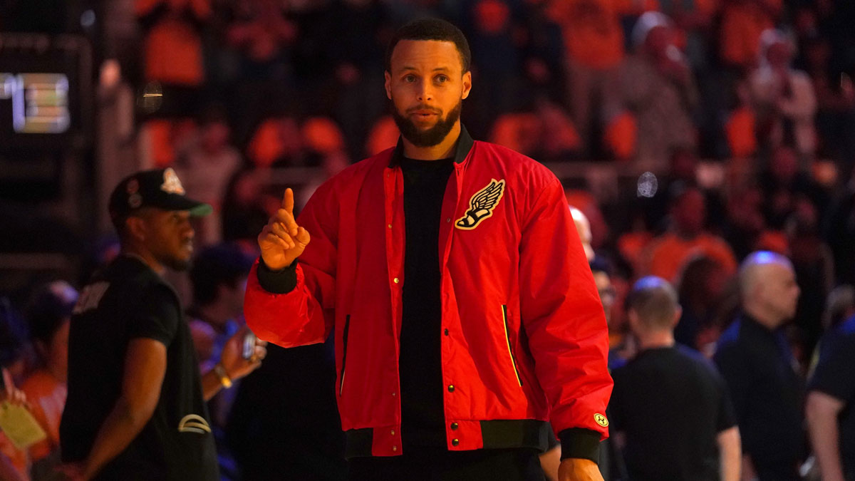 Warriors guard Stephen Curry stands on the court before the start of the game against the Minnesota Timberwolves during game four of the second round for the 2025 NBA Playoffs at Chase Center