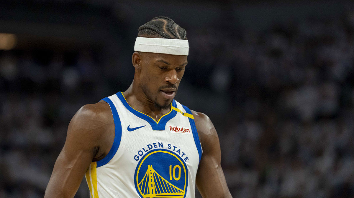 Golden State Warriors forward Jimmy Butler III (10) looks on against the Minnesota Timberwolves in the second half during game two of the second round for the 2025 NBA Playoffs at Target Center.