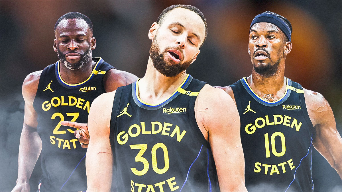 A sad Stephen Curry with Warriors teammates Draymond Green and Jimmy Butler, next to him to support him