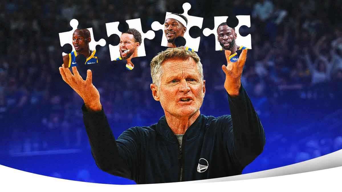 Steve Kerr on the left with Jonathan Kuminga, Stephen Curry, Jimmy Butler, and Draymond Green as puzzle pieces that Kerr is trying to fit together.