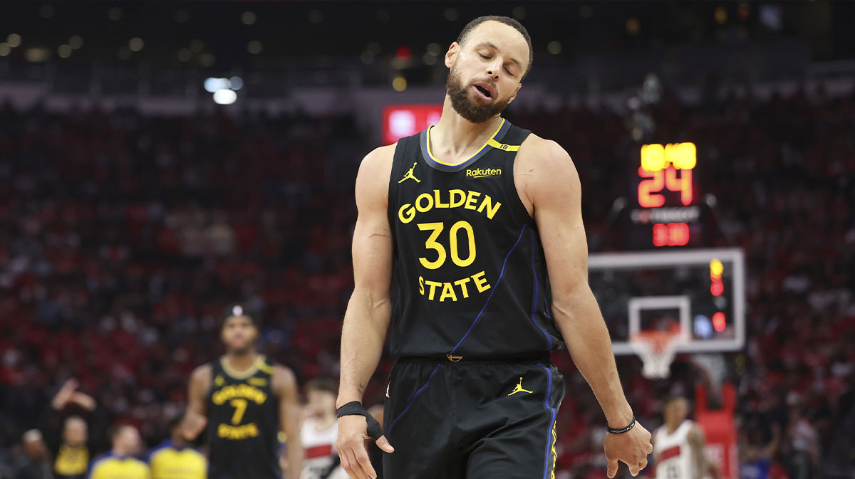Golden State Warriors guard Stephen Curry (30) reacts during game seven of the first round for the 2025 NBA Playoffs against the Houston Rockets at Toyota Center.