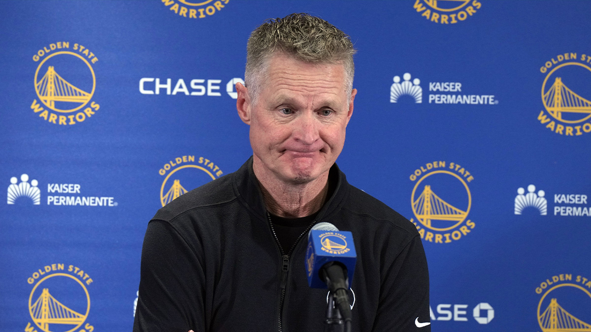 Golden State Warriors coach Steve Kerr at a press conference at Intuit Dome.