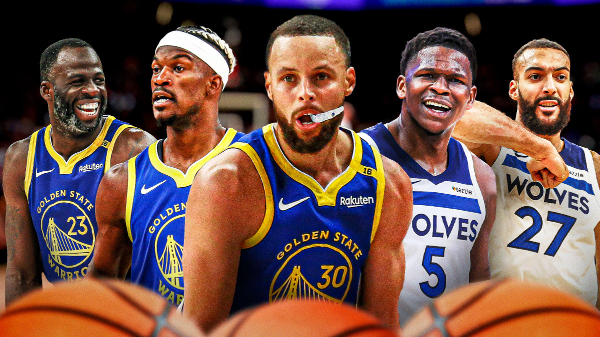 Warriors' Stephen Curry, Jimmy Butler, and Draymond Green next to Timberwolves' Anthony Edwards and Rudy Gobert