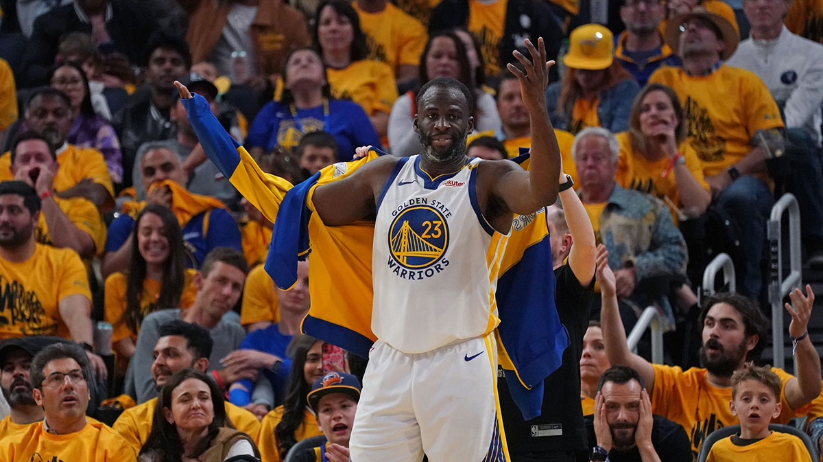 Warriors forward Draymond Green (23) reacts after his sixth foul against the Minnesota Timberwolves in the fourth quarter during game three in the second round for the 2025 NBA Playoffs at Chase Center
