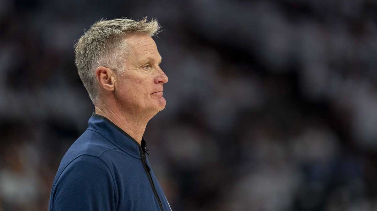 Golden State Warriors head coach Steve Kerr looks on against the Minnesota Timberwolves in the second half during game five of the second round for the 2025 NBA Playoffs at Target Center.