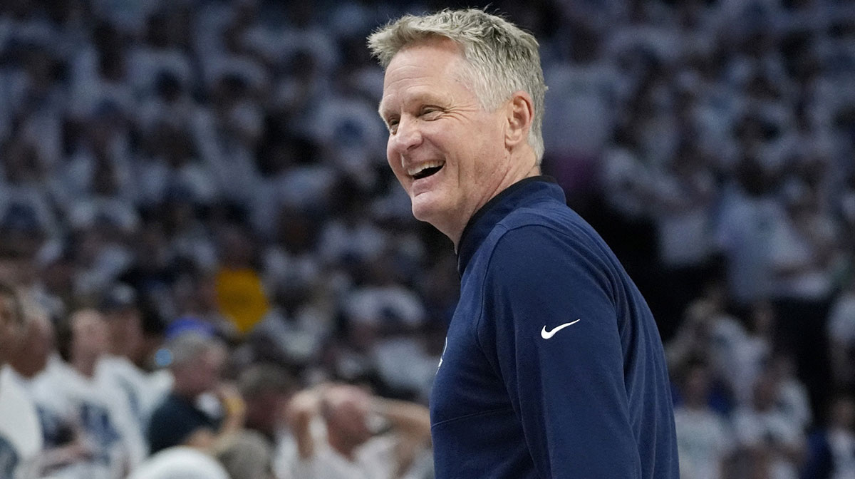 Warriors head coach Steve Kerr laughs as a player comes out of the game against the Minnesota Timberwolves in the first quarter during game one of the second round for the 2025 NBA Playoffs at Target Center