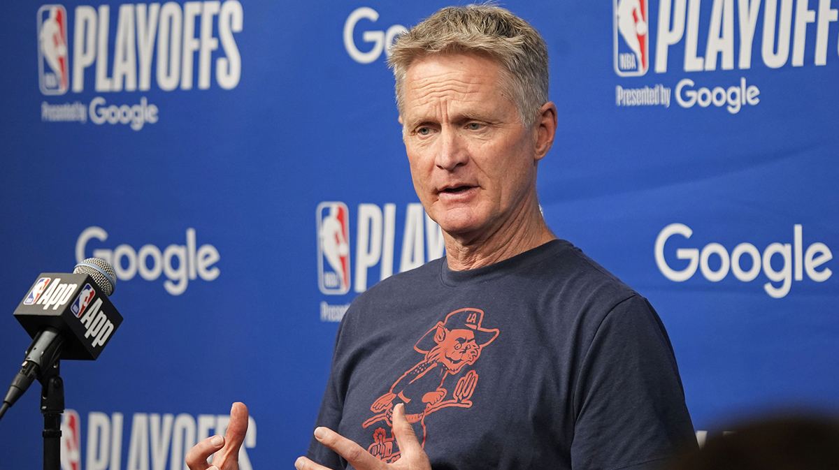 Warriors head coach Steve Kerr answers questions at a press conference before game one of the second round for the 2025 NBA Playoffs against the Minnesota Timberwolves at Target Center