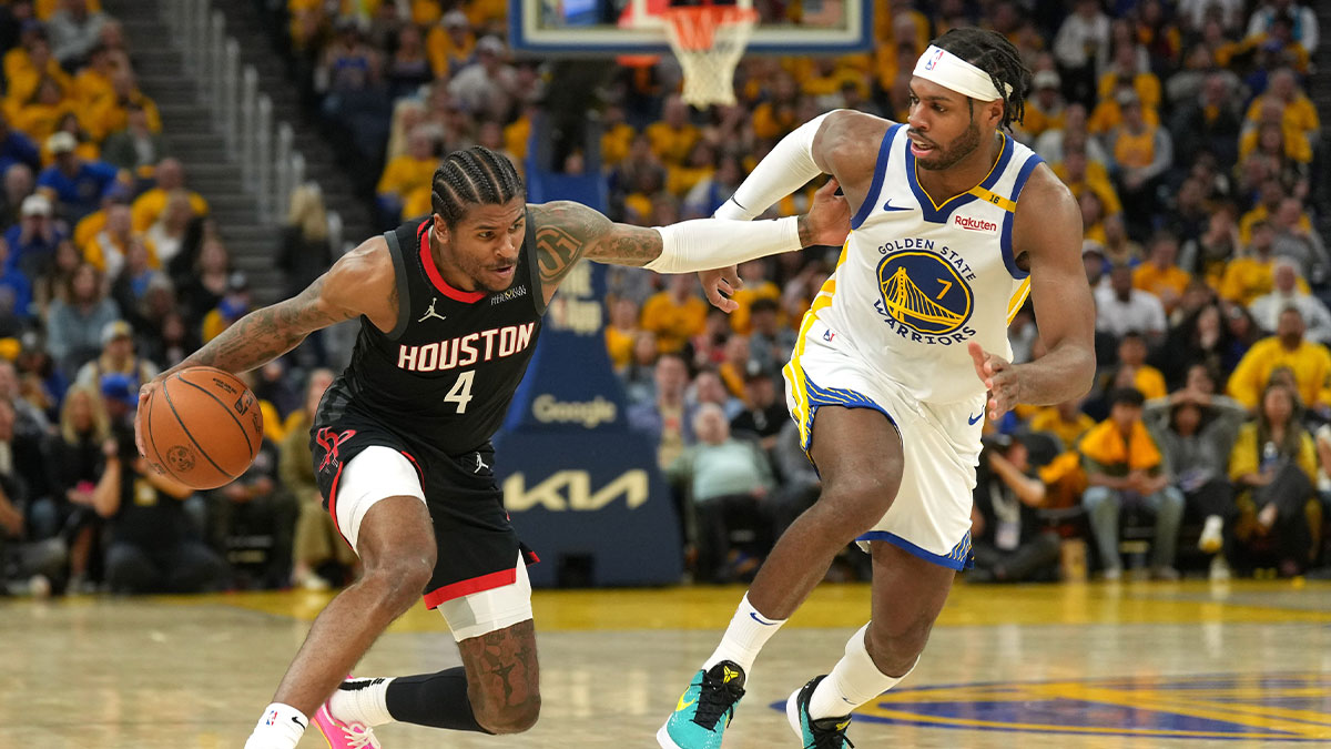 Houston Rockets guard Jalen Green (4) dribbles against Golden State Warriors guard Buddy Hield (7) during the third quarter of game three of first round for the 2024 NBA Playoffs at Chase Center.