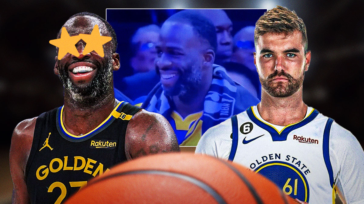 Warriors' Draymond Green looking at Pat Spencer with stars in eyes and screenshot of Dray from Game 5