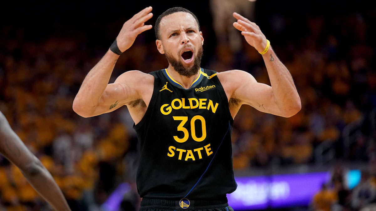 Golden State Warriors guard Stephen Curry (30) reacts after being fouled against the Houston Rockets in the third quarter of game six of the first round for the 2025 NBA Playoffs at Chase Center.