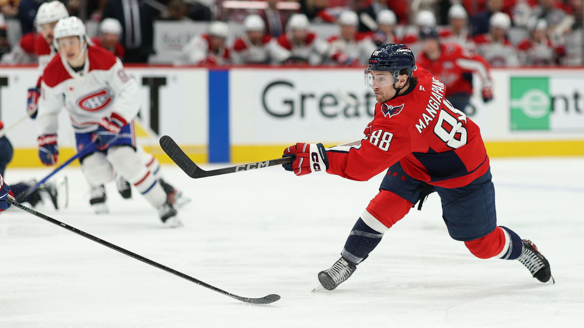 Washington Capitals left wing Andrew Mangiapane (88) shoots the puck against the Montreal Canadiens in game five of the first round of the 2025 Stanley Cup Playoffs at Capital One Arena.
