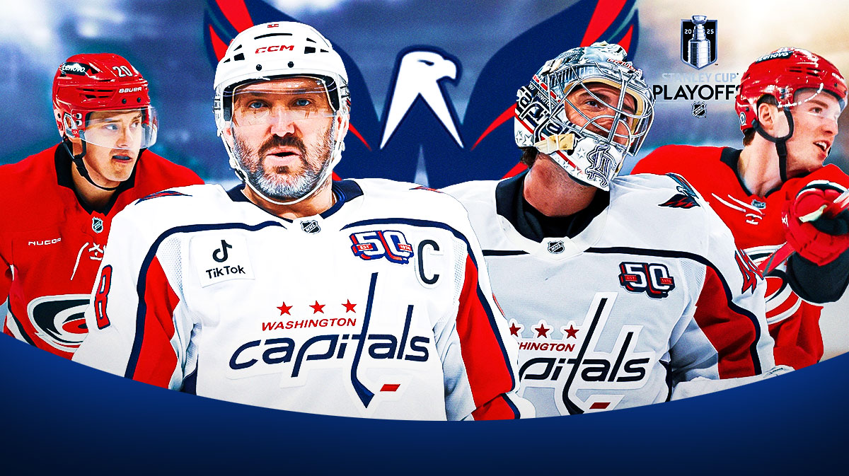 Alex Ovechkin and Logan Thompson in the foreground. Sebastian Aho and Andrei Svechnikov in the background. Hockey arena, Washington Capitals logo, and Stanley Cup Playoffs logo in the background.