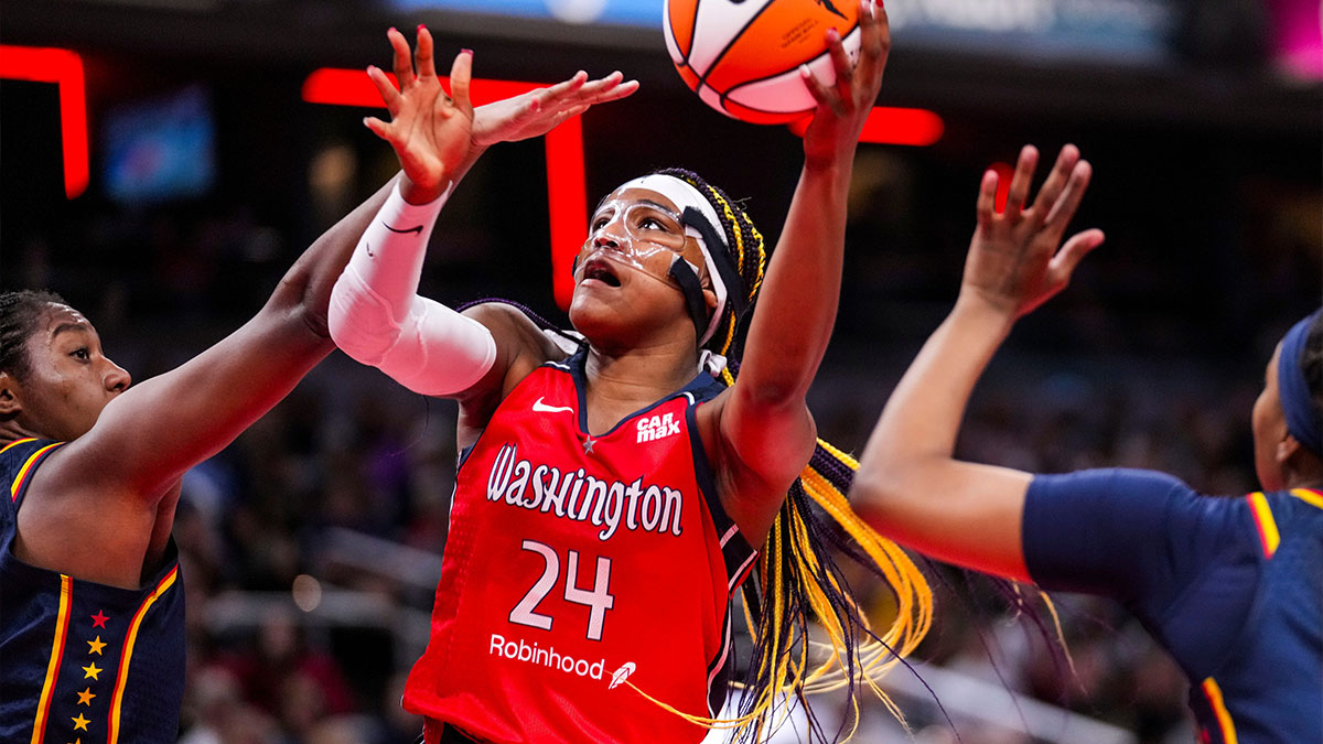 Washington Mystics forward Aaliyah Edwards (24) goes up for a shot Wednesday, July 10, 2024, during the game at Gainbridge Fieldhouse in Indianapolis. Mandatory Credit: © Grace Smith/IndyStar / USA TODAY NETWORK