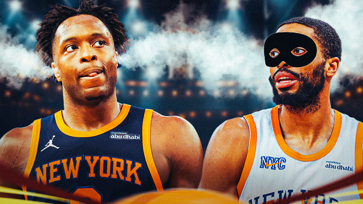 Mikal Bridges wearing a cat burglar mask and OG Anunoby with smoke coming out of his ears