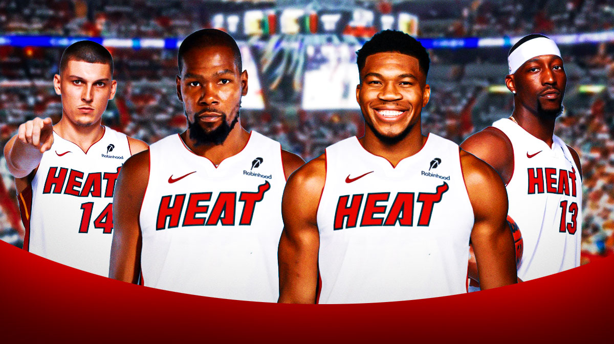 Kevin Durant and Giannis Antetokounmpo in the middle wearing Miami Heat jerseys with Tyler Herro and Bam Adebayo on either side in front of Kaseya Center.