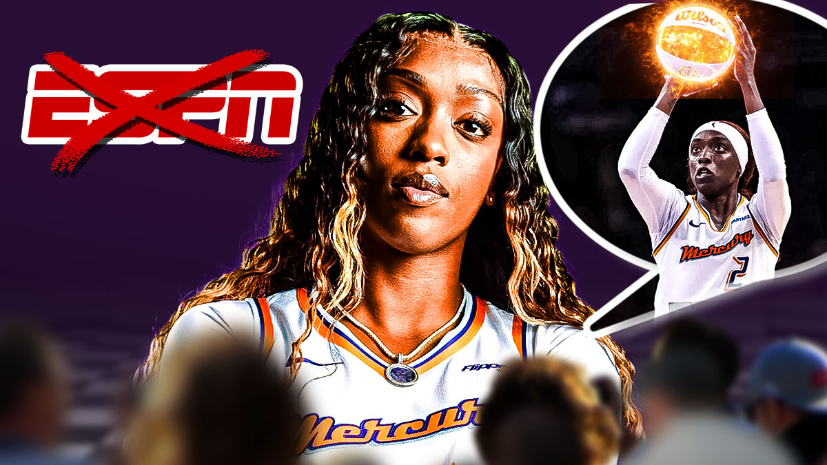 Phoenix Mercury guard Kahleah Copper with the ESPN logo next to her, with a big red X going through the ESPN logo. There's also a thought bubble of Copper shooting a ball of fire.