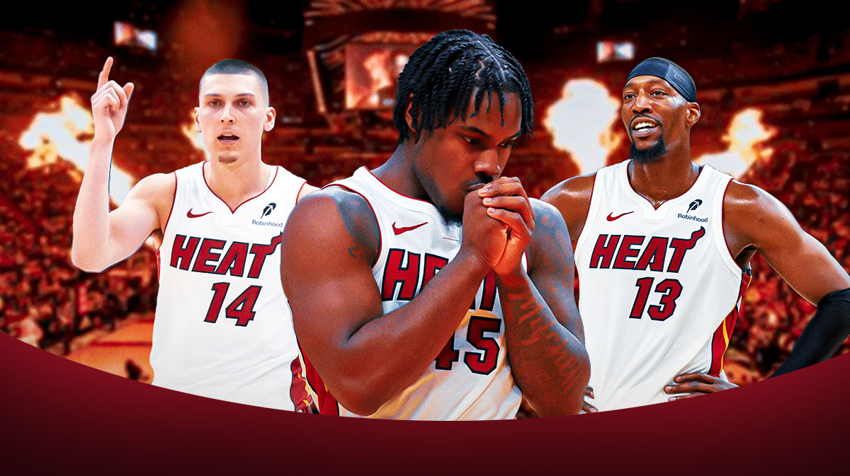 Miami Heat star Davion Mitchell in the center with Bam Adebayo and Tyler Herro on either side in front of Kaseya Center.