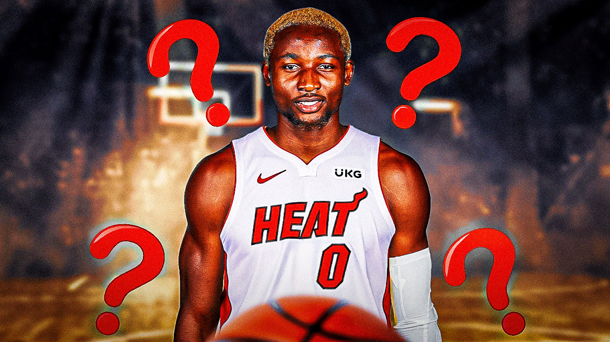 Jonathan Kuminga in a Miami Heat jersey with question marks around him in front of Kaseya Center.