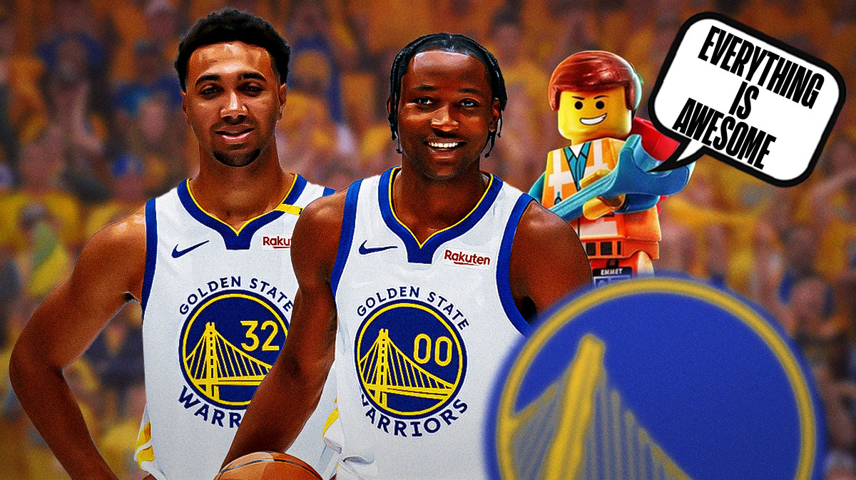 Warriors Jonathan Kuminga and Trayce Jackson Davis smiling in front of with Emmet from the Lego Movie saying Everything Is Awesome in the background