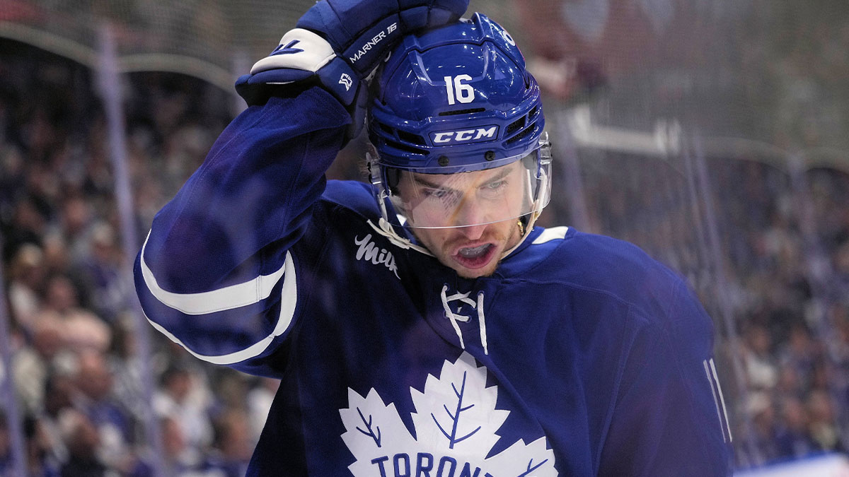 Toronto Maple Leafs forward Mitch Marner (16) adjusts his helmet after a play against the Florida Panthers during the first period of game seven of the second round of the 2025 Stanley Cup Playoffs at Scotiabank Arena.