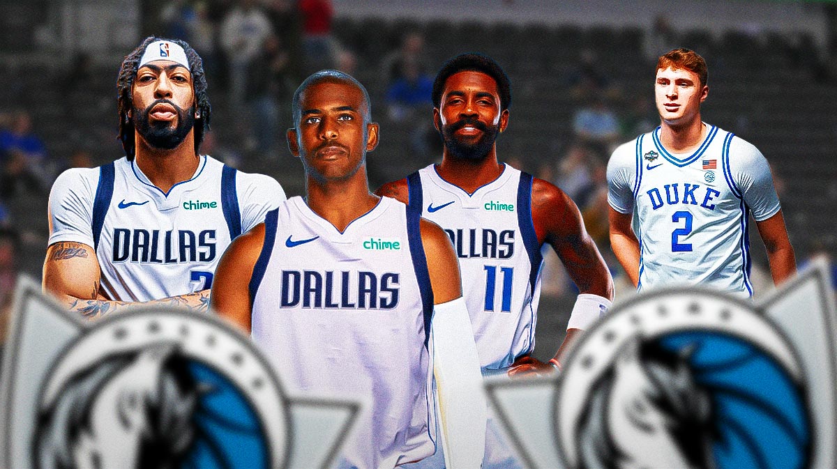 Chris Paul in a Mavericks jersey in front of image. Place Mavericks Anthony Davis and Mavericks Kyrie Irving in background. Also place Duke Cooper Flagg in background.