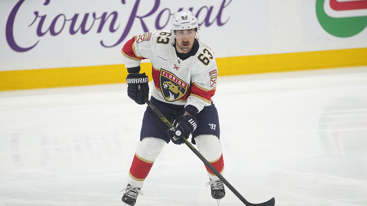 Florida Panthers forward Brad Marchand (63) skates during warm up before game five of the second round of the 2025 Stanley Cup Playoffs against the Toronto Maple Leafs at Scotiabank Arena.