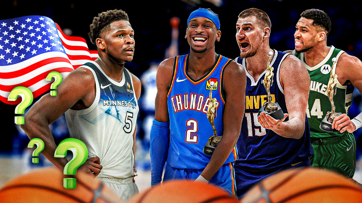 Anthony Edwards with American flag next to MVPs Shai Gilgeous-Alexander, Nikola Jokic, and Giannis Antetokounmpo
