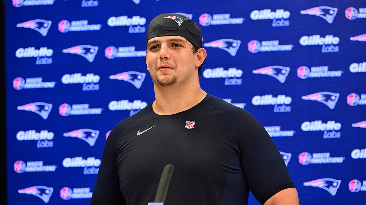 New England Patriots offensive tackle Will Campbell (66) speaks to the media after rookie camp at Gillette Stadium.