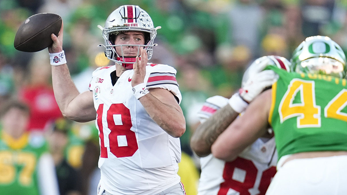 Ohio State Buckeyes quarterback Will Howard (18) throws during the first half of the College Football Playoff quarterfinal against the Oregon Ducks at the Rose Bowl in Pasadena, Calif. on Jan. 1, 2025.