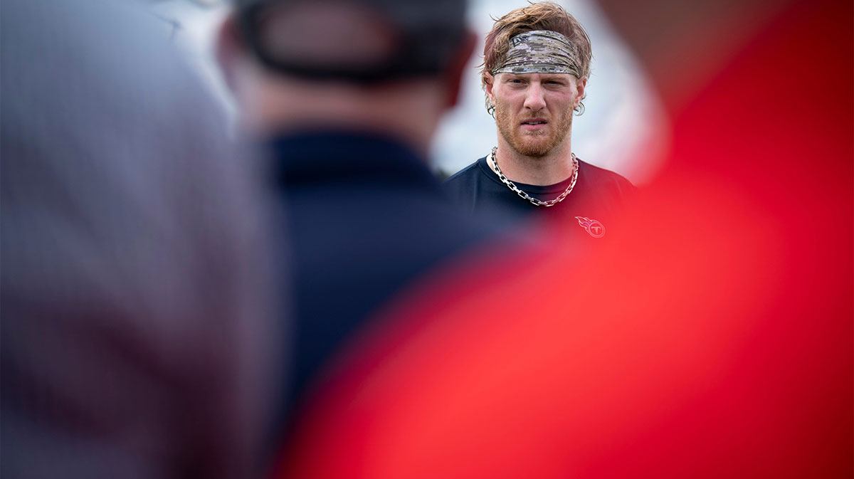 Tennessee Titans Will Levis (8) speaks with the media during OTAs at Ascension Saint Thomas Sports Park in Nashville, Tenn., Wednesday, May 28, 2025.
