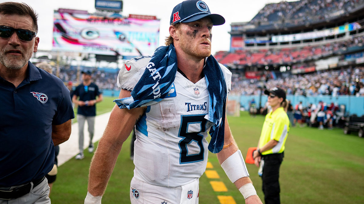 Tennessee Titans quarterback Will Levis (8) exits the field after losing 24-17 to the New York Jets in their home opener at Nissan Stadium in Nashville on Sept. 15, 2024.