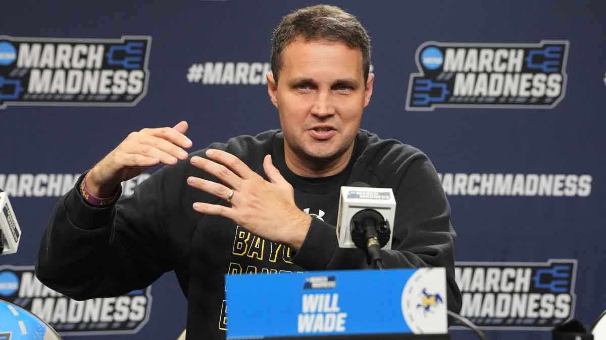 McNeese State Cowboys head coach Will Wade answers questions during the first round practice session press conference at Amica Mutual Pavilion.