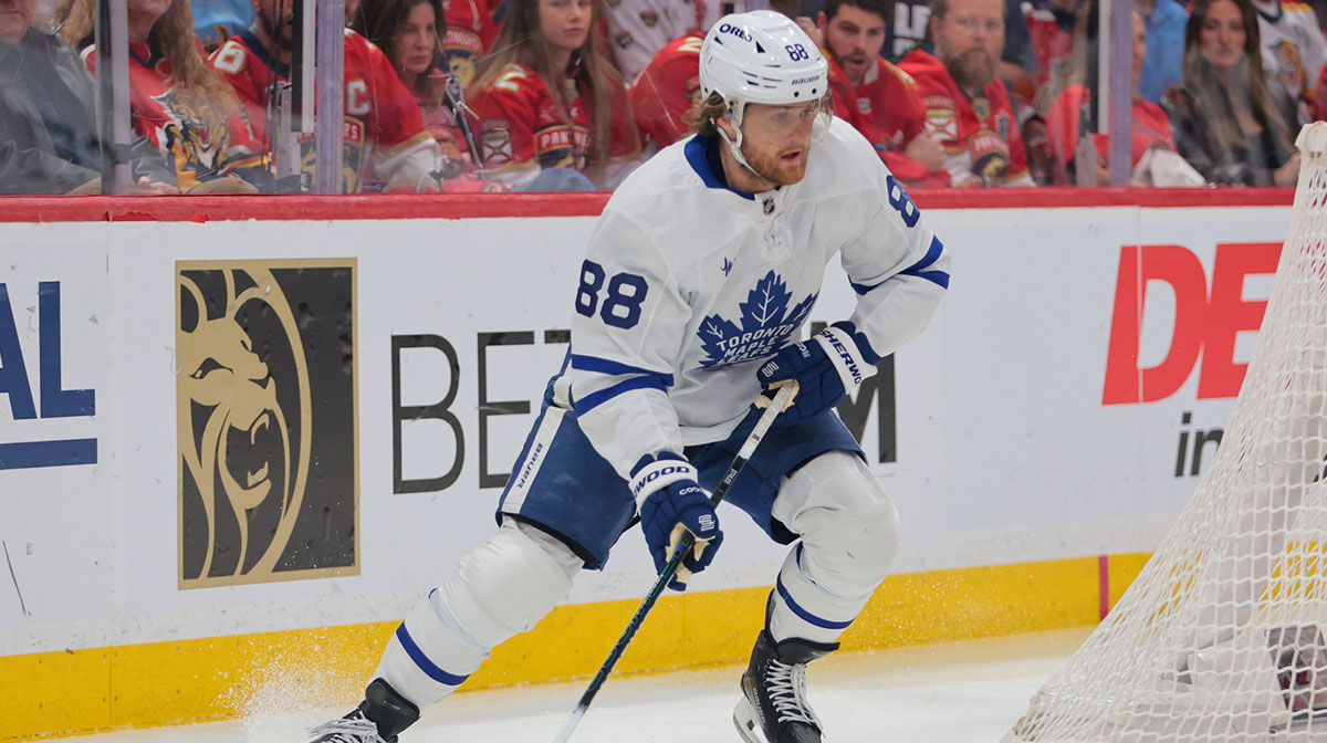 Toronto Maple Leafs right wing William Nylander (88) moves the puck against the Florida Panthers during the third period in game six of the second round of the 2025 Stanley Cup Playoffs at Amerant Bank Arena.
