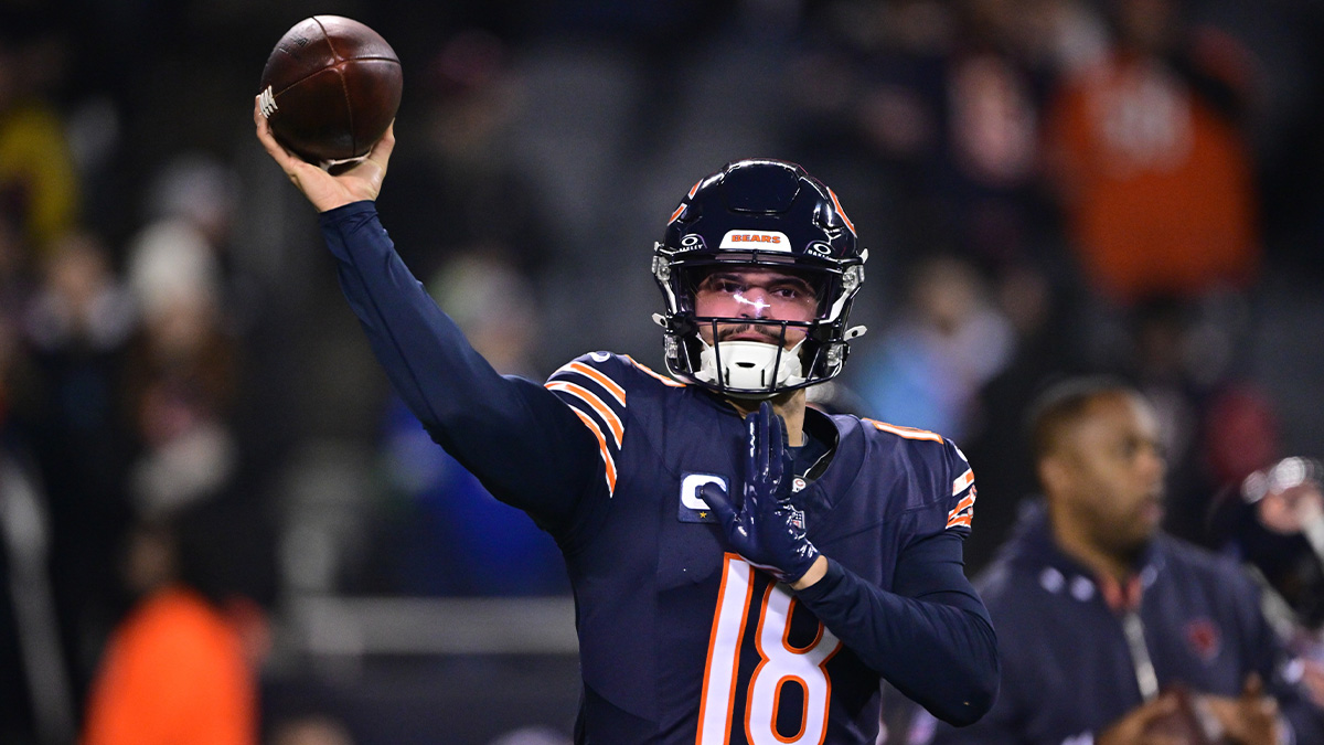 Chicago Bears quarterback Caleb Williams (18) warms up before the game against the Seattle Seahawks at Soldier Field.