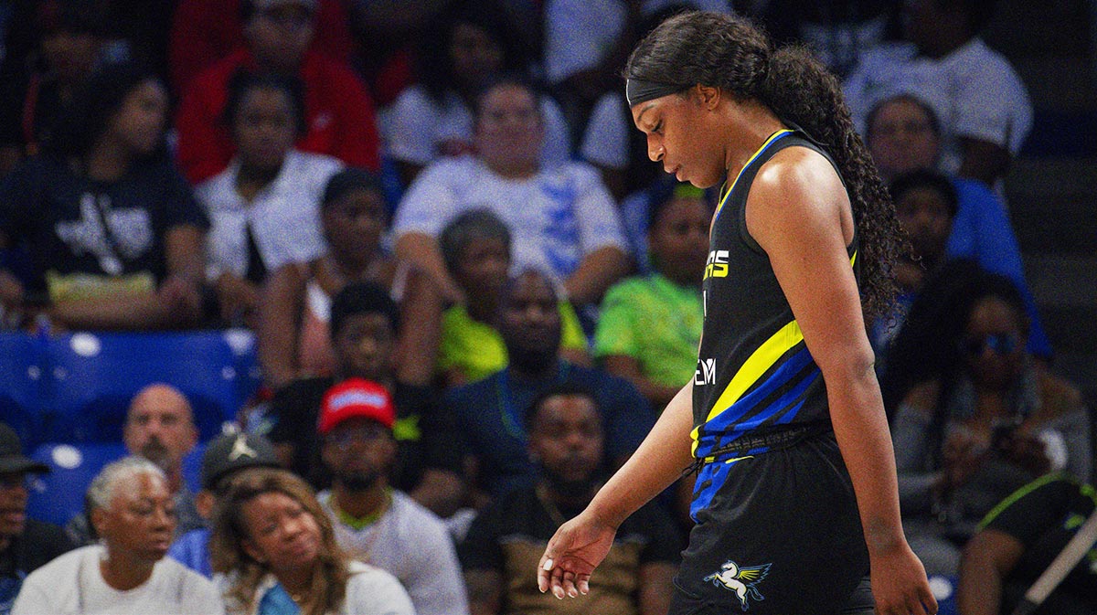 Sep 29, 2023; Arlington, Texas, USA; Dallas Wings center Teaira McCowan (7) walks back up the court after being called for a foul against the Las Vegas Aces during the second half during game three of the 2023 WNBA Playoffs at College Park Center. Mandatory Credit: Jerome Miron-Imagn Images