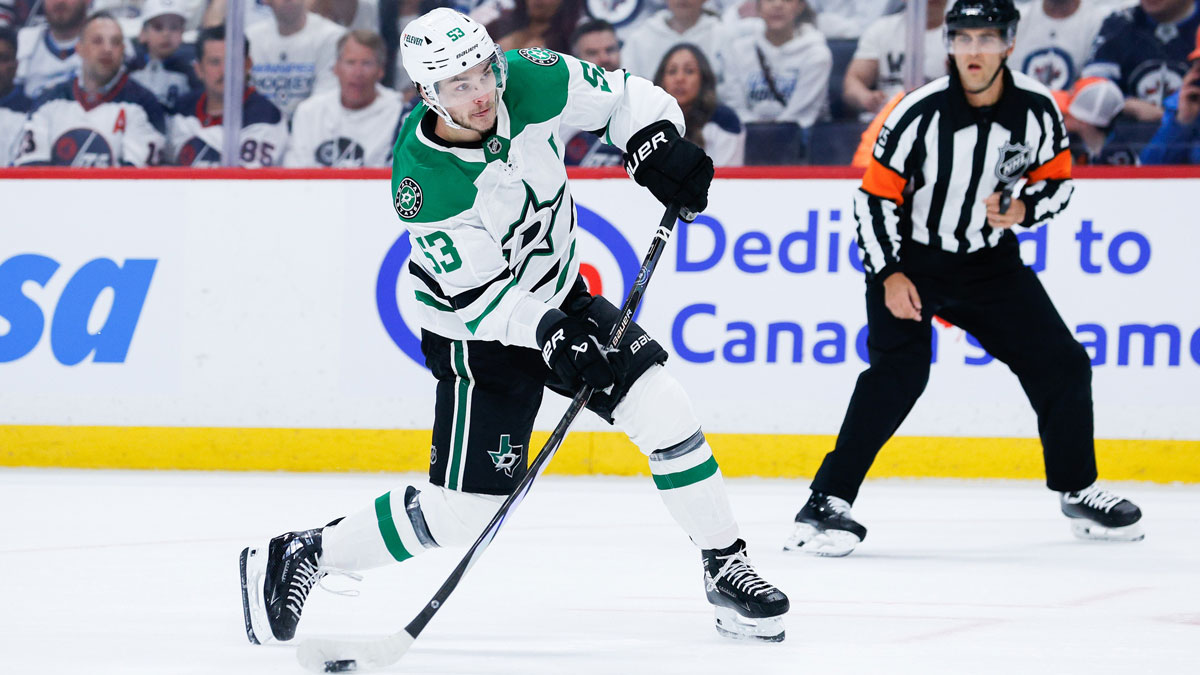 Dallas Stars forward Wyatt Johnston (53) takes a shot against the Winnipeg Jets during the first period in game one of the second round of the 2025 Stanley Cup Playoffs at Canada Life Centre.