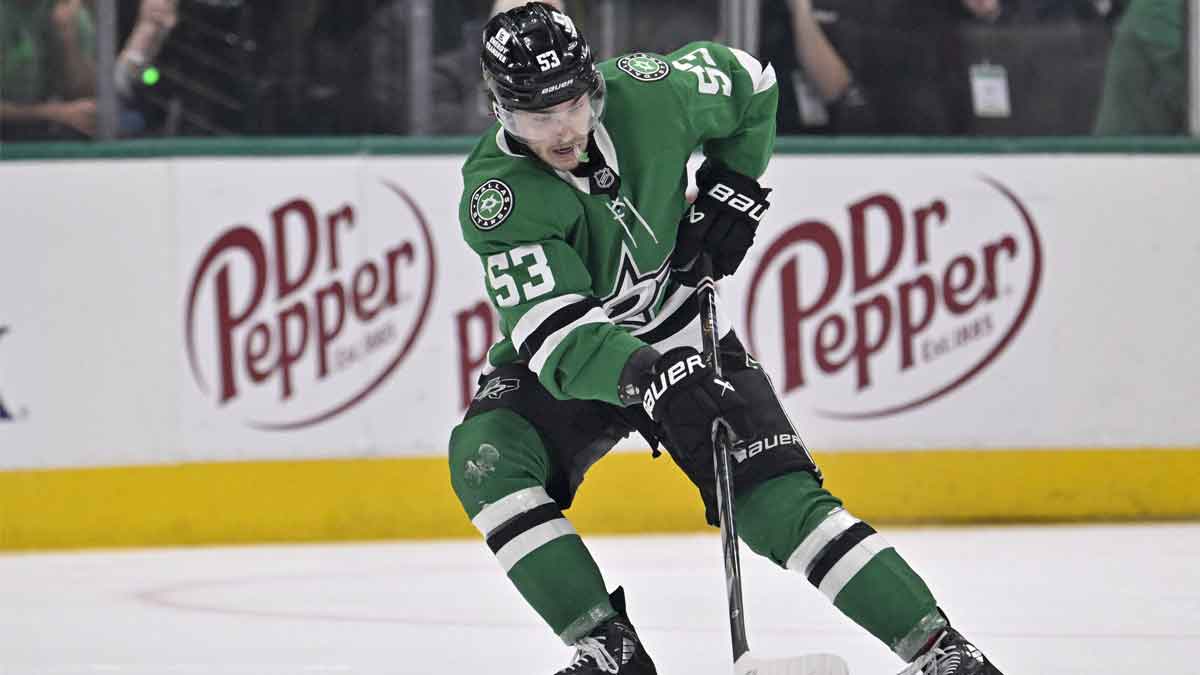 Dallas Stars center Wyatt Johnston (53) skates against the Winnipeg Jets during the third period in game four of the second round of the 2025 Stanley Cup Playoffs at American Airlines Center.