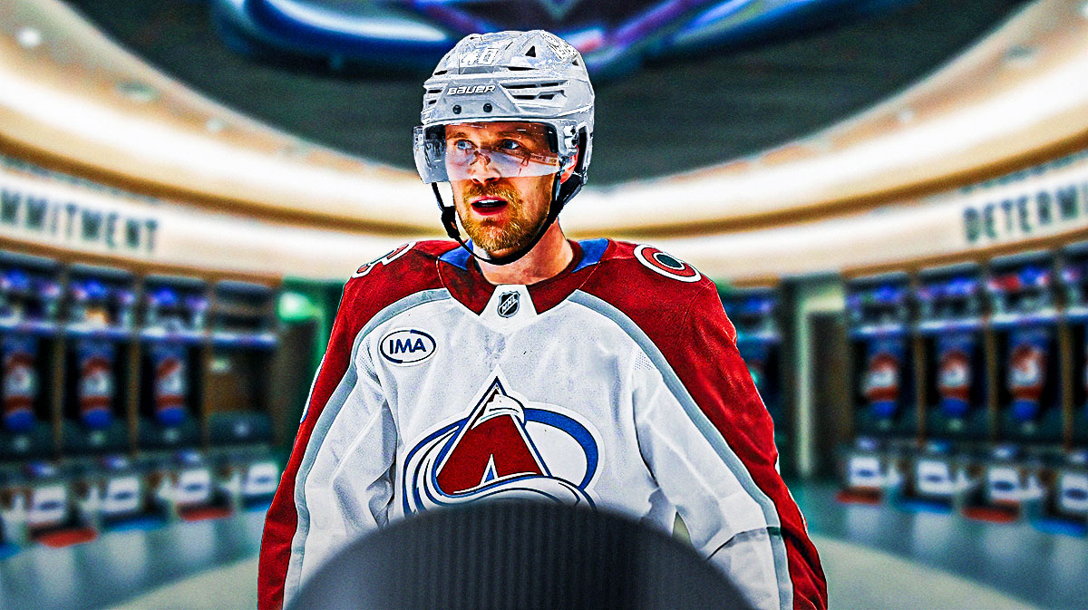 Elias Pettersson (current on the Canucks) in a Colorado Avalanche Jersey. Colorado home ice behind him. Avalanache trade, avalanche trade targets
