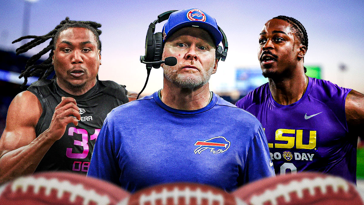 Bills coach Sean McDermott (center) with Virginia Tech cornerback Dorian Strong (left) and LSU defensive end Paris Shand (right)
