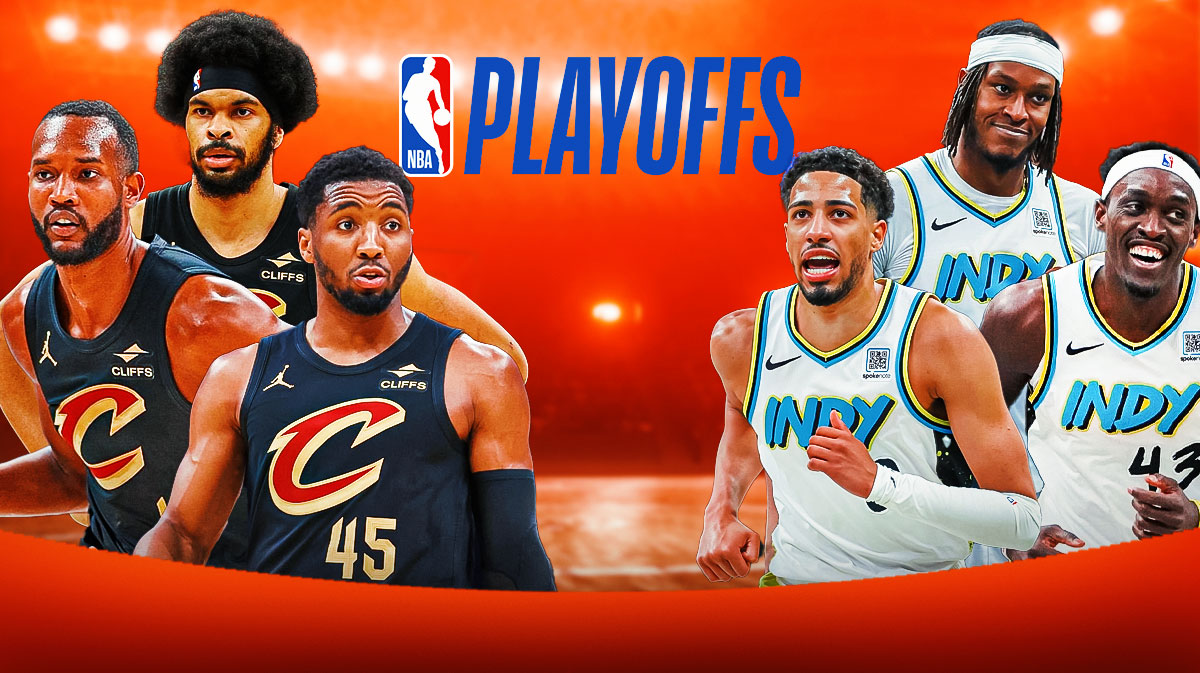 Donovan Mitchell, Evan Mobley, and Jarrett Allen on one side, Tyrese Haliburton, Pascal Siakam, and Myles Turner on the other side, with the NBA playoffs in the middle.