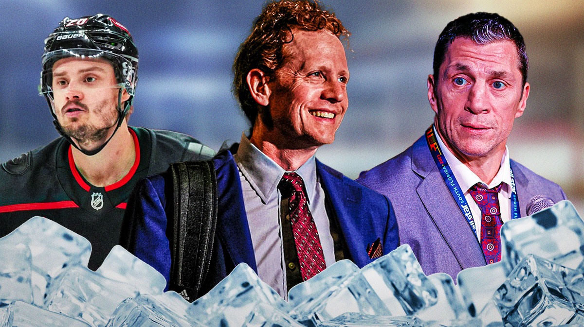 Eric Tulsky, Sebastian Aho, and Rod Brind'Amour Hurricanes