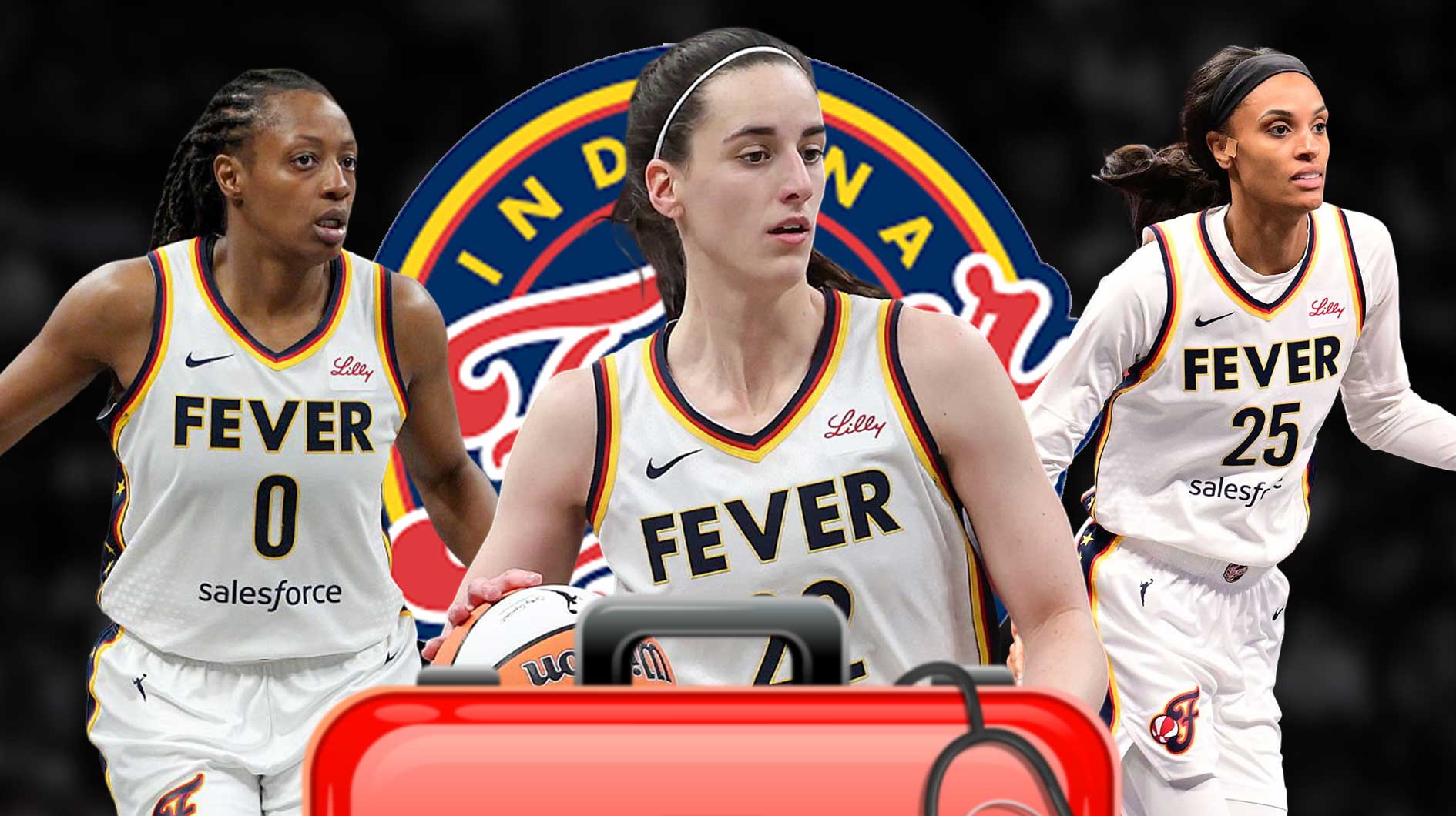 Indiana Fever guard Caitlin Clark with a red injury symbol. She is next to Fever guard Kelsey Mitchell and forward DeWanna Bonner. There is also a logo for the Indiana Fever.