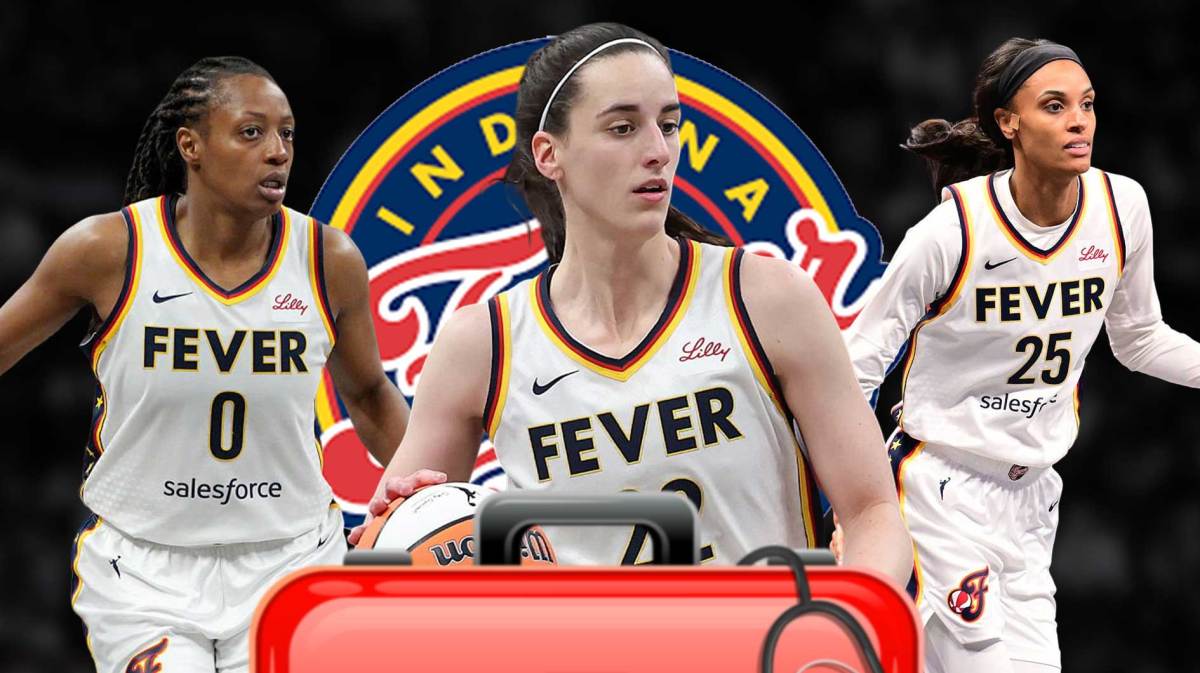 Indiana Fever guard Caitlin Clark with a red injury symbol. She is next to Fever guard Kelsey Mitchell and forward DeWanna Bonner. There is also a logo for the Indiana Fever.