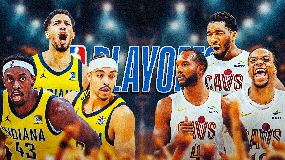 Tyrese Haliburton, Pascal Siakam, and Andrew Nembhard on one side, and Donovan Mitchell, Darius Garland, and Evan Mobley on the other side, with the NBA Playoffs logo in the middle