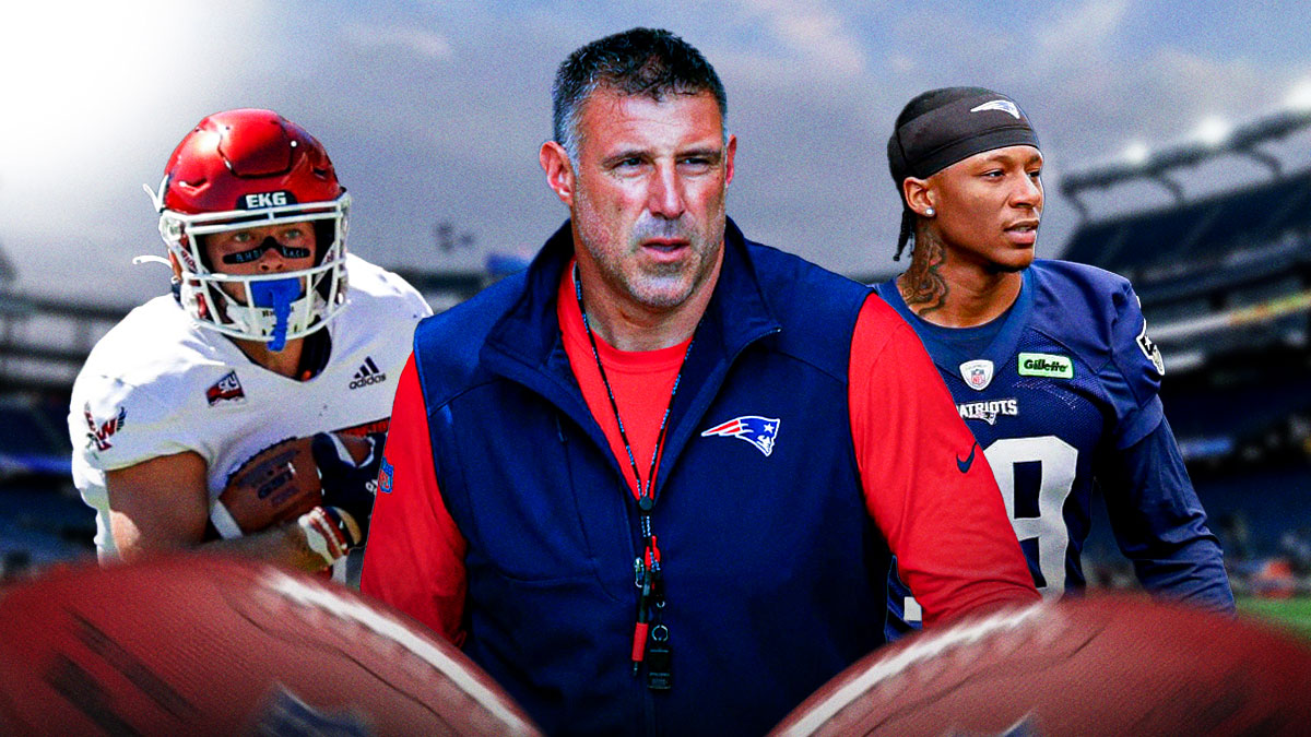 Patriots coach Mike Vrabel (center) with Eastern Washington receiver Efton Chism III (left) and Patriots cornerback Kobee Minor (right)