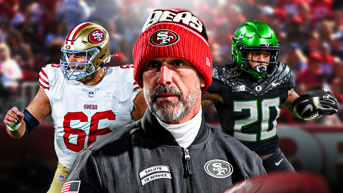 49ers coach Kyle Shanahan (center) with 49ers center Drake Nugent (left) and Oregon running back Jordan James (right)